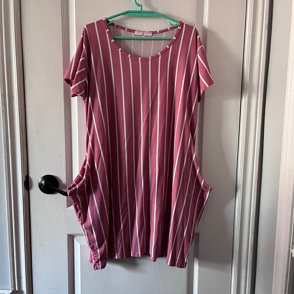 Pink and white vertical stripe dress